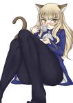  animal_ears bad_id bad_pixiv_id blonde_hair blush cat_ears cat_tail cup glasses komusou_(jinrikisha) long_hair military military_uniform panties panties_under_pantyhose pantyhose perrine_h_clostermann rimless_eyewear saucer simple_background sitting solo strike_witches tail teacup underwear uniform world_witches_series yellow_eyes 