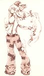  :&lt; bow crossed_arms fire flame from_behind fujiwara_no_mokou graphite_(medium) hair_bow long_hair looking_back monochrome pants qiangzi shoes solo suspenders touhou traditional_media 