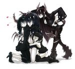  bikini_top black_gold_saw black_hair black_rock_shooter black_rock_shooter_(character) blush dead_master heart hood hoodie horns hug kneeling long_hair midriff multiple_girls navel negresco pale_skin short_hair simple_background smile strength_(black_rock_shooter) twintails white_hair yuri 