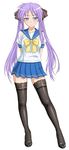  absurdres arms_behind_back black_legwear blue_eyes blue_skirt collarbone ffyak frown full_body hair_ribbon highres hiiragi_kagami lace lace-trimmed_thighhighs legs long_hair long_legs lucky_star pleated_skirt purple_hair ribbon ryouou_school_uniform school_uniform serafuku simple_background skirt solo thighhighs tsurime twintails very_long_hair white_background yellow_neckwear zettai_ryouiki 