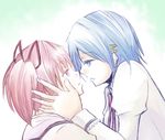  bad_id bad_pixiv_id blue_eyes blue_hair eye_contact hair_ornament hair_ribbon hairclip hzk imminent_kiss kaname_madoka looking_at_another mahou_shoujo_madoka_magica miki_sayaka multiple_girls pink_eyes pink_hair ribbon school_uniform short_hair short_twintails twintails yuri 