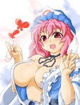  bare_shoulders blue_dress blush breasts bug butterfly choker cleavage covered_nipples dress hat insect japanese_clothes kimono kokujuuji large_breasts off_shoulder open_clothes open_kimono open_mouth pink_hair red_eyes ribbon saigyouji_yuyuko short_hair smile solo touhou triangular_headpiece upper_body v 