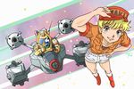  80s 90s armor baseball_cap blonde_hair boots ginga_hyouryuu_vifam green_eyes grin hat knee_boots kujira_gunsou maki_rowel oldschool power_armor puppet_fighter science_fiction short_hair short_sleeves shorts smile space_craft spacesuit star_(sky) 