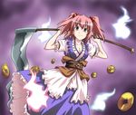 breasts cleavage coin dress ghost hair_bobbles hair_ornament medium_breasts onozuka_komachi pink_hair red_eyes rimibure scythe short_hair solo touhou two_side_up 