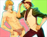  adjusting_clothes adjusting_hat bad_id bad_pixiv_id barnaby_brooks_jr blonde_hair brown_eyes brown_hair bulge cabbie_hat facial_hair glasses glowing green_eyes hat jewelry kaburagi_t_kotetsu male_focus male_swimwear multiple_boys necktie parody ring short_hair striped stubble swim_briefs swimwear tiger_&amp;_bunny vertical_stripes vest waistcoat yuyui 