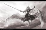  akaitera angel_wings armor bad_id bad_pixiv_id banned_artist cyclops_(giant-hobby) flying full_body giant-hobby halo large_wings letterboxed long_hair low_wings outstretched_arms sky solo spread_arms sword watermark weapon wings 
