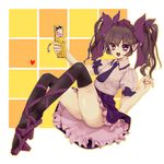  black_legwear blush bow brown_hair cellphone cellphone_camera checkered checkered_skirt geta hair_bow harami_(mxp0109) hat himekaidou_hatate long_hair open_mouth panties pantyshot phone pointy_ears red_eyes skirt smile solo thighhighs tokin_hat touhou twintails underwear 