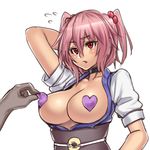  arm_up blush breasts breasts_outside choker cleavage coin heart heart_pasties houtengeki large_breasts no_bra onozuka_komachi open_clothes open_shirt pasties pink_hair red_eyes shirt short_hair simple_background solo touhou two_side_up upper_body 