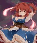  breasts bunsuke cleavage hair_bobbles hair_ornament hair_twirling hand_behind_head highres hitodama medium_breasts onozuka_komachi red_eyes red_hair short_hair solo touhou two_side_up 