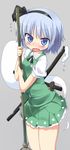  bamboo_broom blue_eyes blush broom dress_shirt ghost hair_ribbon hairband hitodama katana konpaku_youmu konpaku_youmu_(ghost) mamo_williams open_mouth ribbon scabbard sheath sheathed shirt short_hair silver_hair skirt skirt_set solo sword touhou vest wavy_mouth weapon 