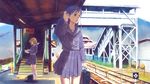  adjusting_hair bag blue_hair book brown_hair dam-p hagiwara_yukiho idolmaster idolmaster_(classic) kisaragi_chihaya kneehighs multiple_girls pleated_skirt purple_eyes school_bag school_uniform skirt stairs standing train_station white_legwear 