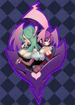  argyle argyle_background breast_hold breasts bridal_gauntlets checkered cleavage finger_licking green_hair hair_over_one_eye head_wings heart large_breasts leotard licking lilith_aensland long_hair morrigan_aensland multiple_girls naughty_face pantyhose purple_hair red_leotard sho-n-d short_hair siblings sisters tongue vampire_(game) 