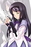  akemi_homura beretta_92 black_hair bow closed_eyes dress gun hairband handgun long_hair mahou_shoujo_madoka_magica pistol ribbon sad shirokuma_a solo tears weapon zoom_layer 