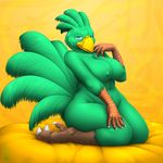  avian beak big_breasts blue_eyes breasts chubby claws feather female fur green_fur kneeling looking_at_viewer midriff navel nipples nude pinup plain_background pose solo talons vader-san yellow_background 