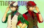  bracelet brown_eyes brown_hair buffy cabbie_hat dark_persona dual_persona ebitetsu facial_hair hat jewelry kaburagi_t_kotetsu male_focus multiple_boys necktie red_eyes stubble tiger_&amp;_bunny vest waistcoat watch wristwatch 