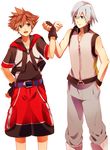  blue_eyes boots brown_hair fingerless_gloves gloves jewelry kingdom_hearts male_focus multiple_boys necklace riku sana423 silver_hair simple_background sora_(kingdom_hearts) spoilers wristband 