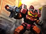  aniki_gunsou autobot building city clenched_hand dust glowing glowing_eyes gun highres mecha no_humans oldschool realistic robot rodimus_prime transformers weapon 