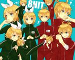  1girl aqua_eyes bad_id bad_pixiv_id bandages bandaid blonde_hair brother_and_sister hair_ornament hair_ribbon hairclip jacket kagamine_len kagamine_rin kicking monaco_(rmn02) open_mouth ribbon short_hair siblings sleeves_pushed_up smile track_jacket twins vocaloid 