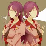  anko_(w-anco) back-to-back bakemonogatari breasts dual_persona frown long_hair medium_breasts monogatari_(series) purple_eyes purple_hair school_uniform scissors senjougahara_hitagi short_hair smile v 