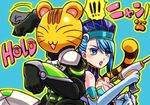  1girl bare_shoulders blue_eyes blue_hair blue_rose_(tiger_&amp;_bunny) breasts cat cleavage earrings elbow_gloves gloves gun hat jewelry kaburagi_t_kotetsu karina_lyle lipstick makeup mask medium_breasts power_armor power_suit short_hair shouyu_senbei superhero tiger_&amp;_bunny weapon wild_tiger 