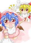  :&lt; apron baby bat_wings blonde_hair blue_hair blush chibi dress fang flandre_scarlet hat head_bump kokujuuji multiple_girls open_mouth pink_dress pointing red_eyes remilia_scarlet shirt short_hair siblings side_ponytail sisters sitting tears touhou wings younger 