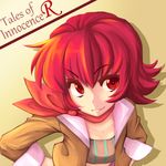  coat copyright_name flipped_hair hourou iria_animi red_eyes red_hair scarf short_hair smile solo tales_of_(series) tales_of_innocence very_short_hair yellow_background 