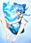  ;d bare_legs barefoot blue_eyes blue_hair blue_skirt bow cirno cozy fairy hair_bow ice ice_wings object_hug one_eye_closed open_mouth skirt smile solo toe_scrunch touhou wings 