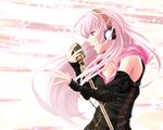  aizawa_kotarou blue_eyes breasts cleavage detached_sleeves headphones highres holding holding_microphone long_hair medium_breasts megurine_luka microphone open_mouth pink_hair solo vocaloid 