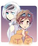  1girl bad_id bad_pixiv_id bare_shoulders blue_eyes brown_hair eve_(wall-e) eyes_visible_through_hair goggles hair_over_one_eye ikuchi_osutega night night_sky personification red_eyes short_hair sky wall-e wall-e_(character) white_hair 
