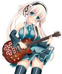  blue_eyes cosplay detached_sleeves electric_guitar guitar hair_ribbon hatsune_miku hatsune_miku_(cosplay) head_tilt headphones highres instrument long_hair mabinogi md5_mismatch nao_(mabinogi) panties pantyshot ribbon silver_hair simple_background solo thighhighs twintails umitsubame underwear vocaloid 