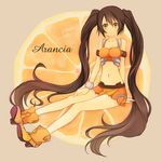  arancia bad_id bad_pixiv_id boots bracelet brown_hair collarbone food fruit high_heels jewelry long_hair microskirt midriff navel orange orange_skirt orange_slice original pleated_skirt shoes skirt solo twintails very_long_hair wogura yellow_eyes 