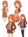  akatsuki_miho akemiho_tabi_nikki argyle backpack bad_id bad_pixiv_id bag black_legwear blue_skirt bob_cut brown_eyes brown_hair character_sheet costume_chart dress hand_on_hip hands_on_hips jacket kouno_hikaru miniskirt orange_shirt plaid plaid_skirt pleated_skirt shirt short_hair shorts simple_background skirt smile sweater thighhighs translated turtleneck zettai_ryouiki 