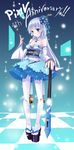  :&gt; bell blue_eyes blue_hair checkered checkered_floor clog_sandals detached_sleeves dress flower hair_ornament highres kiseru long_hair nail_polish natsuki_yuu_(minamino_tsuki) pantyhose pipe pixiv pixiv-tan platform_footwear smile solo stylus white_legwear 