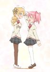  black_skirt blonde_hair closed_eyes drill_hair hair_ornament hair_ribbon kaname_madoka mahou_shoujo_madoka_magica miniskirt multiple_girls pantyhose petting pink_hair plaid plaid_skirt pleated_skirt ribbon school_uniform short_twintails skirt smile thighhighs tomoe_mami twintails yellow_eyes yoshiwo_(kanikama) 