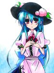  bad_id bad_pixiv_id blue_hair food fruit hat hinanawi_tenshi long_hair peach red_eyes solo toraneko touhou 