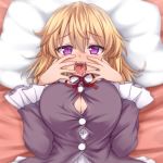  bangs bed_sheet blonde_hair blouse breasts cleavage commentary_request dress_shirt hair_between_eyes heart heart-shaped_pupils large_breasts long_hair long_sleeves looking_at_viewer lying maribel_hearn on_back open_mouth pillow purple_blouse purple_eyes red_ribbon ribbon saliva shirt solo symbol-shaped_pupils tongue tori_(minamopa) touhou upper_body uvula white_shirt wide_sleeves 