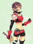  belt black_choker black_hair choker elbow_gloves gloves green_background heart loose_belt midriff miho_(mi) purple_eyes rutee_katrea short_hair shorts smile solo sword tales_of_(series) tales_of_destiny very_short_hair weapon 