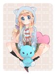  animal_ears bad_id bad_pixiv_id blonde_hair blue_eyes boots bow cat_ears eyebrows facial_mark fake_animal_ears hair_bow highres hood hoodie k-on! kotobuki_tsumugi long_hair miniskirt pillow skirt solo stuffed_animal stuffed_toy sunameri_oishii teddy_bear treble_clef whiskers yellow_skirt 