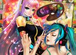  ahoge aqua_hair blue_eyes closed_eyes ekoda_(piapro) hatsune_miku headphones jewelry long_hair megurine_luka multiple_girls nail_polish paint paintbrush pink_hair ring smile twintails vocaloid 