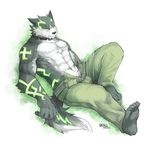  abs beau belt biceps body_markings canine claws clothing eyes_closed facial_markings fur glowing glowing_markings green_eyes green_markings lying male mammal markings muscles pants pecs sitting sleeping smile solo tattoo topless wolf 