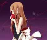  apple bad_id bad_pixiv_id bare_shoulders brown_hair closed_eyes copyright_name double-h_(mawaru_penguindrum) food fruit hachimikkusu holding holding_food holding_fruit long_hair mawaru_penguindrum no_hat no_headwear profile red_string solo string takakura_himari 