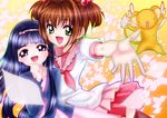  black_hair brown_hair cardcaptor_sakura daidouji_tomoyo dress foreshortening green_eyes kero kinomoto_sakura long_hair multiple_girls petals purple_eyes roy_(pixiv328934) sailor_dress short_hair 