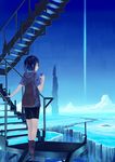  bag blue_hair bookbag highres izumi_sai megastructure original scenery short_hair solo space_elevator stairs 