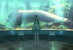  animal aquarium arapaima bag barefoot black_hair checkered checkered_floor feet fish flat_chest hair_censor hair_over_breasts kizaki legs long_hair navel nude original oversized_animal solo standing 