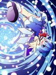  ascot blue_eyes blue_hair bow cirno dress hair_bow isoroku_(gojuuroku) open_mouth outstretched_hand perspective smile solo spiral spiral_background touhou wings 
