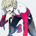  bad_id bad_pixiv_id barnaby_brooks_jr belt blonde_hair blue_eyes boots glasses jacket kneeling male_focus necktie red_jacket solo tiger_&amp;_bunny yasuhiro 