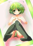  antennae black_legwear blush breast_suppress covering covering_breasts feet gamuo green_eyes green_hair green_panties panties sitting solo thighhighs topless touhou underwear underwear_only wriggle_nightbug wristband 