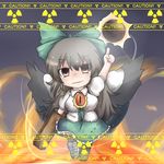  arm_cannon black_wings bow brown_hair cape caution chibi concrete dekasudachin energy_ball fire flame frilled_skirt frills green_skirt hair_bow long_hair medium_skirt mismatched_footwear pointing pointing_up radiation_symbol red_eyes reiuji_utsuho shirt skirt smirk solo third_eye touhou walking weapon wings 