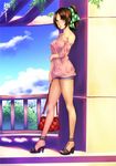  bad_id bad_pixiv_id bag bare_legs blue_eyes blush brown_hair cloud day hair_ribbon high_heels looking_at_viewer off_shoulder original polka_dot ponytail ribbon shoes shorts sky slender solo standing teddy_(khanshin) 