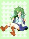  aki_chimaki blush boots detached_sleeves frog gohei green_eyes green_hair hair_ornament hair_tubes highres kochiya_sanae long_hair one_eye_closed open_mouth sitting smile snake solo touhou 